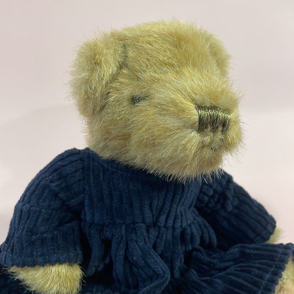 Small Vintage Style Girl Teddy Bear Wearing Blue Corduroy Dress Stuffed Bear 9” - Picture 7 of 8